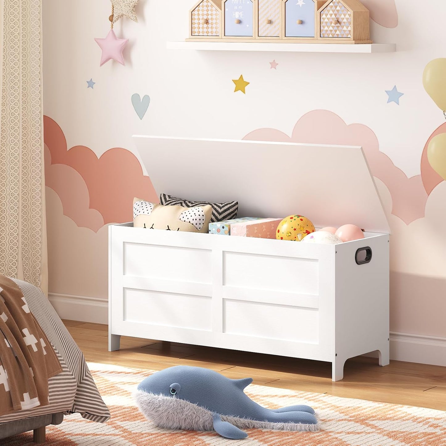 Storage Chest, 39.4” Large Toy Chest, Entryway Storage Trunk, Storage Bench with Safety Hinge, Entrance Bench for Living Room, Entrance, Bedroom, White SCWT48301