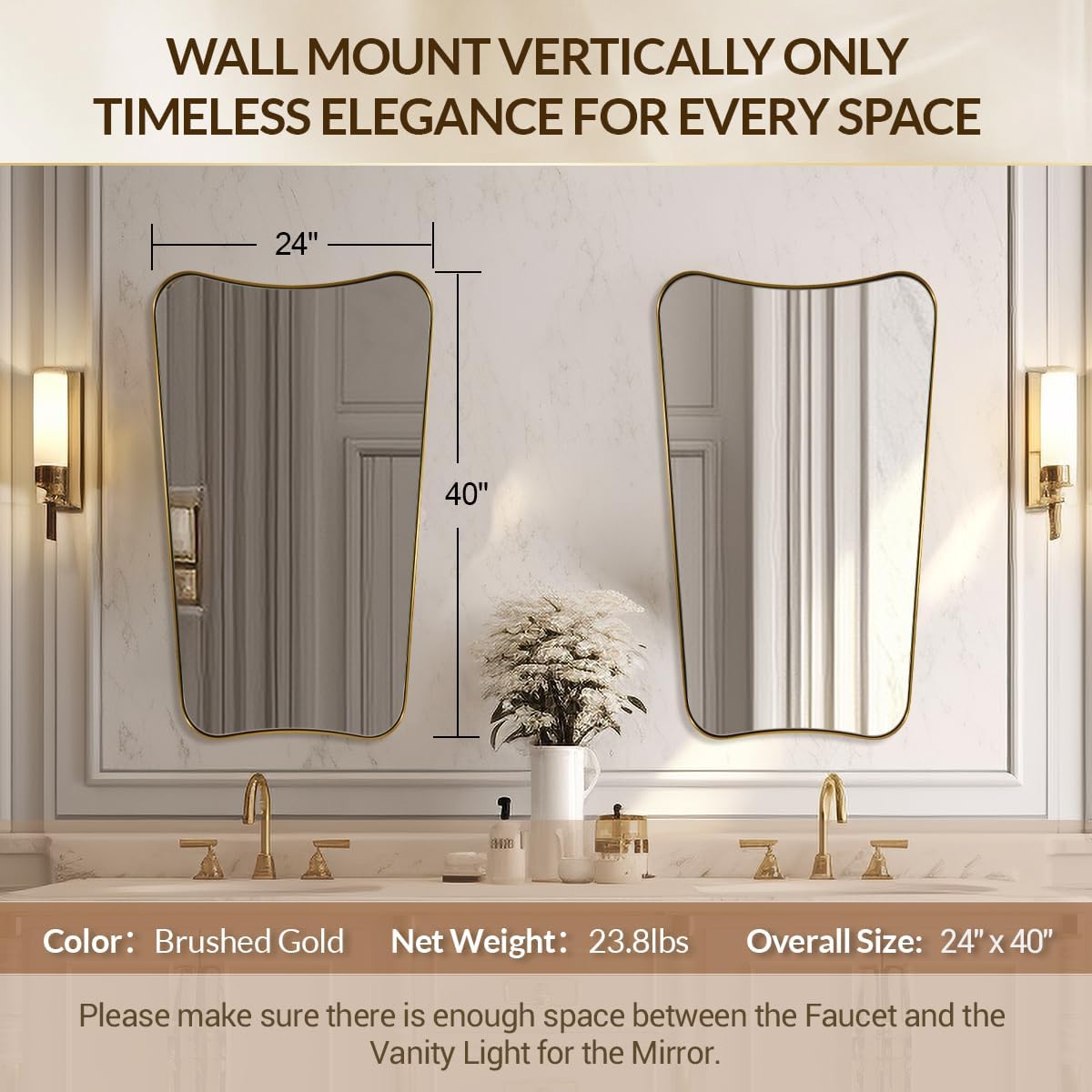 Brushed Gold Bathroom Mirror, 24x40 Inch Gold Irregular Bathroom Vanity Mirror, Gold Asymmetric Mirror with Stainless Steel Frame, Metal Framed Wall Mounted Accent Mirror Vertical Only