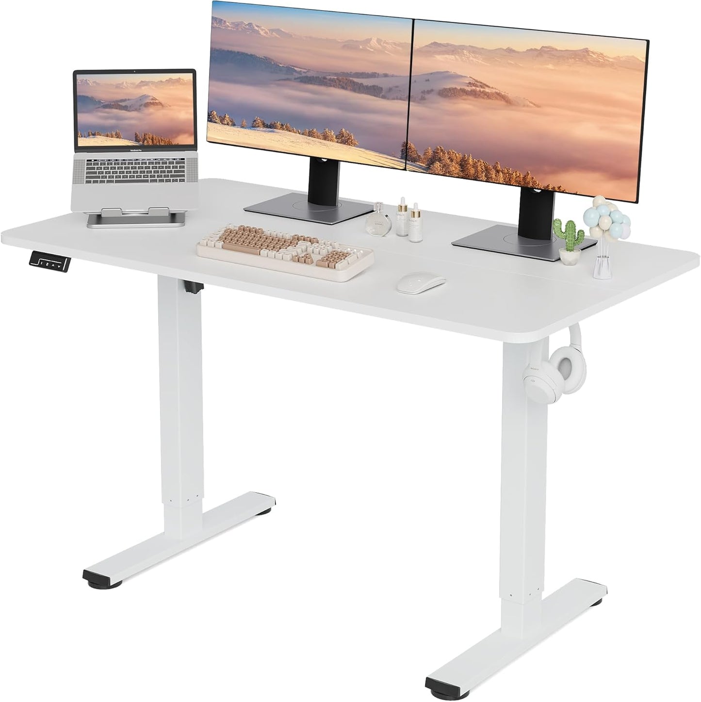Electric Standing Desk Adjustable Height, 48x24 Inches Sit Stand up Desktop for Home Office, Ergonomic Rising Computer Table with Memory Preset, White