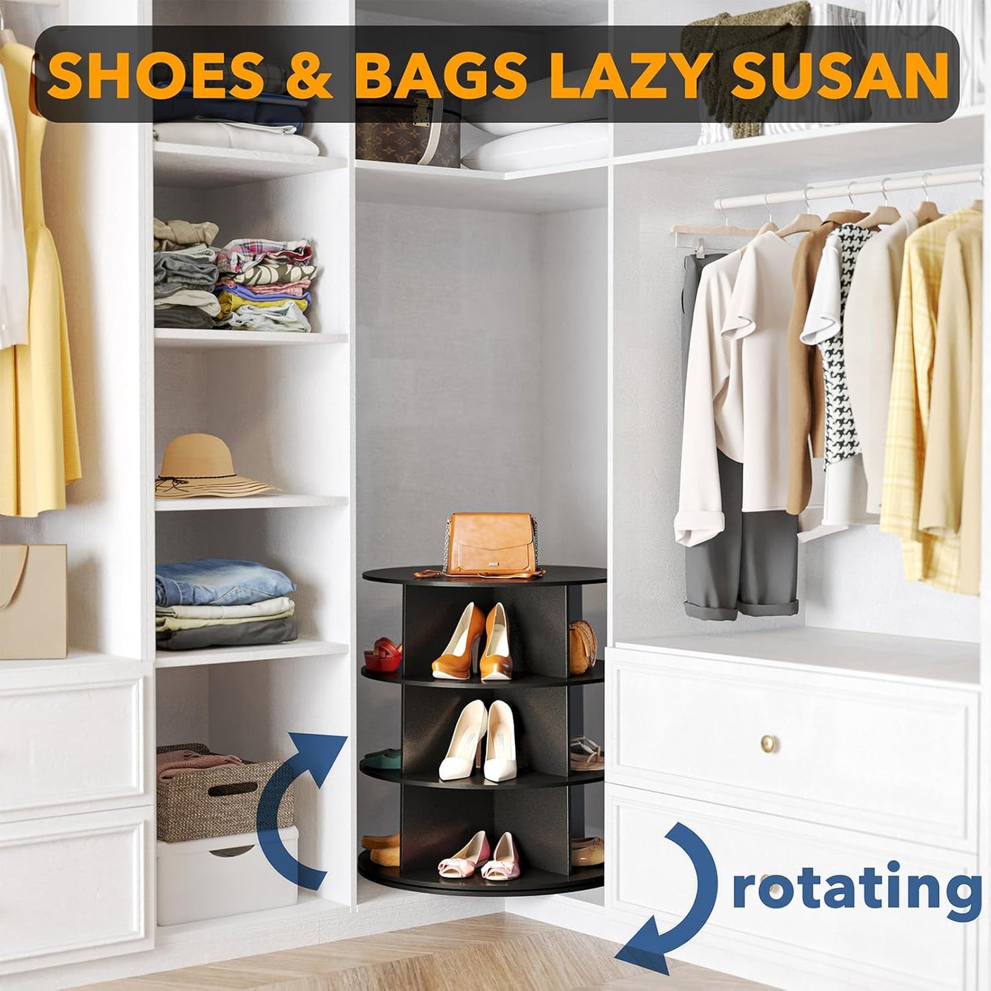 SpaceAid 3 Tier Rotating Shoe Rack Tower, Spinning Shoe Display Lazy Susan, Revolving 360 Shoe Rack Storage Round Carousel, Vertical Handbag Rotate Shoes Closet Organization (3-Tier Black)