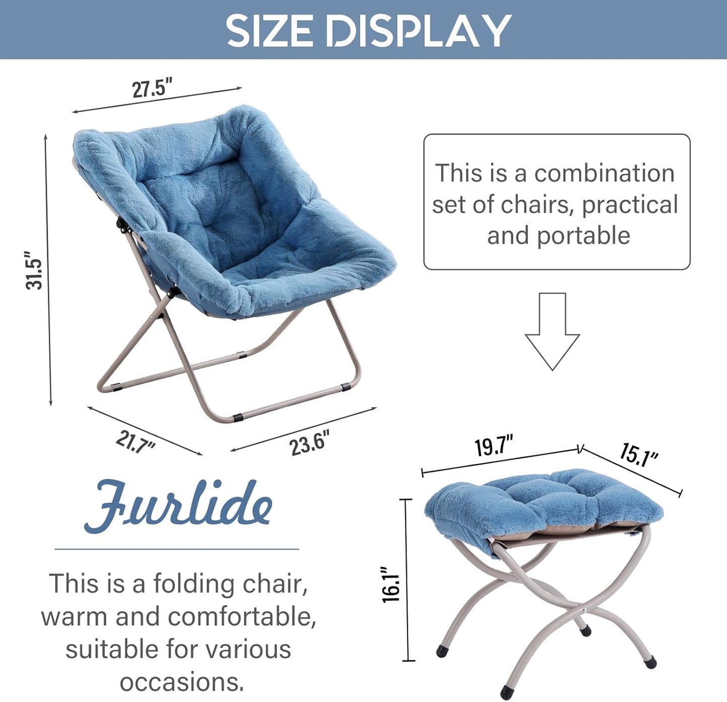 Saucer Chair With Ottoman - Oversized Folding Faux Fur, X-Large Soft Dorm, Foldable Metal Frame for Bedroom, Living Room, Study, Playroom (Blue)