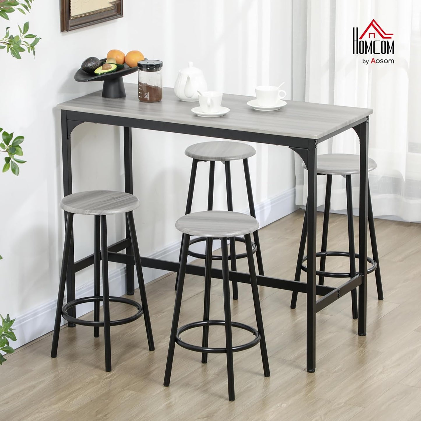 HOMCOM 5-Piece Counter Height Bar Table Set, Rustic 43.25" Dining Table with 4 Bar Stools, Kitchen Table with Wooden Top for Pub, Dining Room, Gray