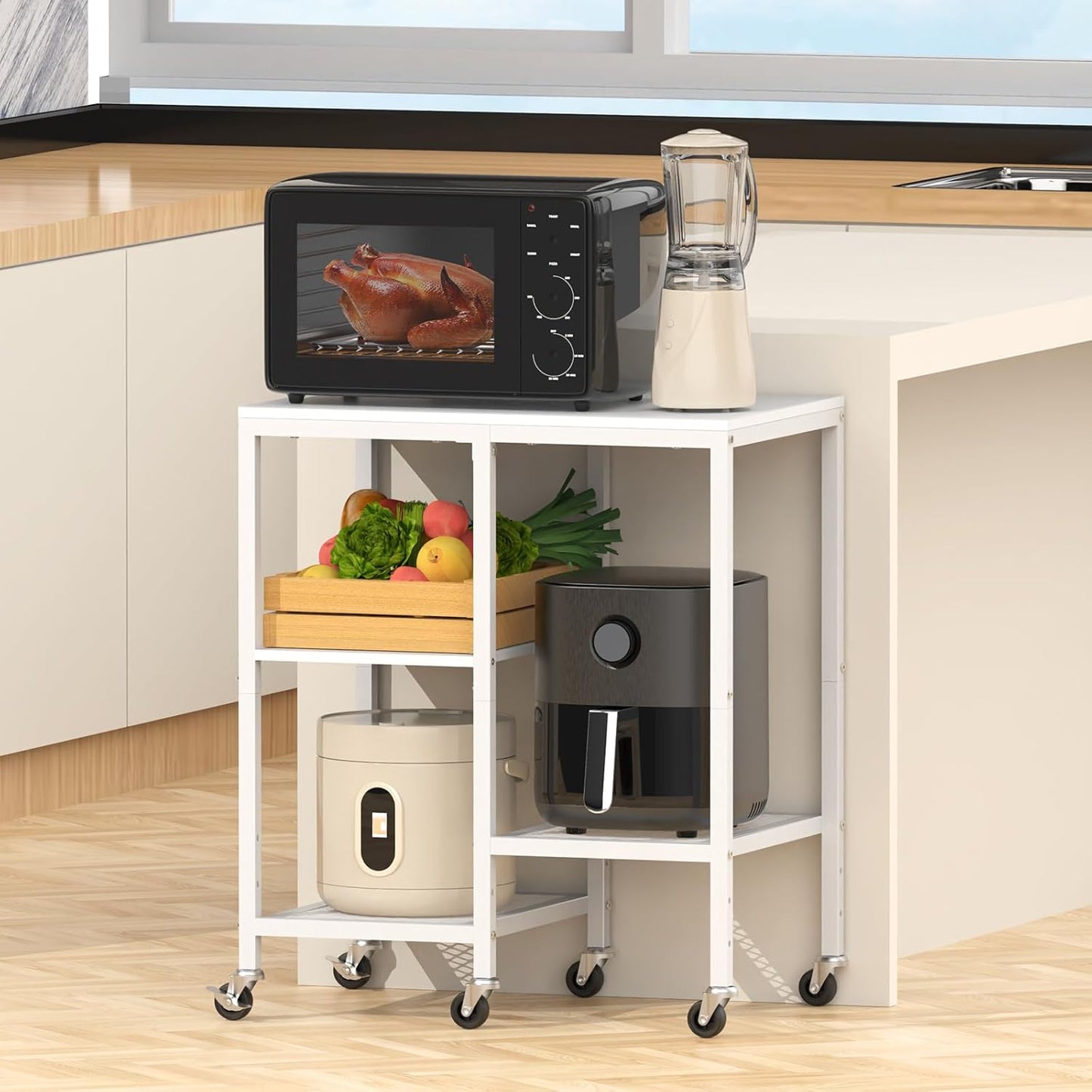 Kitchen Microwave Cart with Wheels,Coffee Bar Table Station,4-Tier Rolling Baker's Oven Rack,Small Appliance Storage Shelf,Utility Trolley Side Table for Kitchen,Office, Living Room (Snowy White)