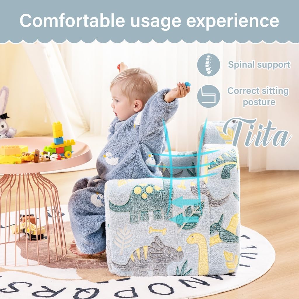 Tiita Kids Couch Plush Toddler Chair, Cloud-Like Glow in The Dark Kids Sofa Toddler Reading Chair with Washable Cover Carrying Handle, Convertible Children Sofa Chair for Girls and Boys