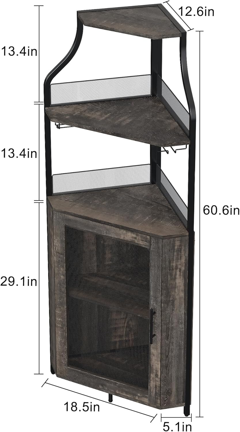 GAOMON Rustic Modern Corner Wine Cabinet, 5-Tiers Liquor Cabinet with Glass Holder, Industrial Bar Cabinet for Home, Dark Rustic Oak, 13.4"D x 18.5"W x 61"H