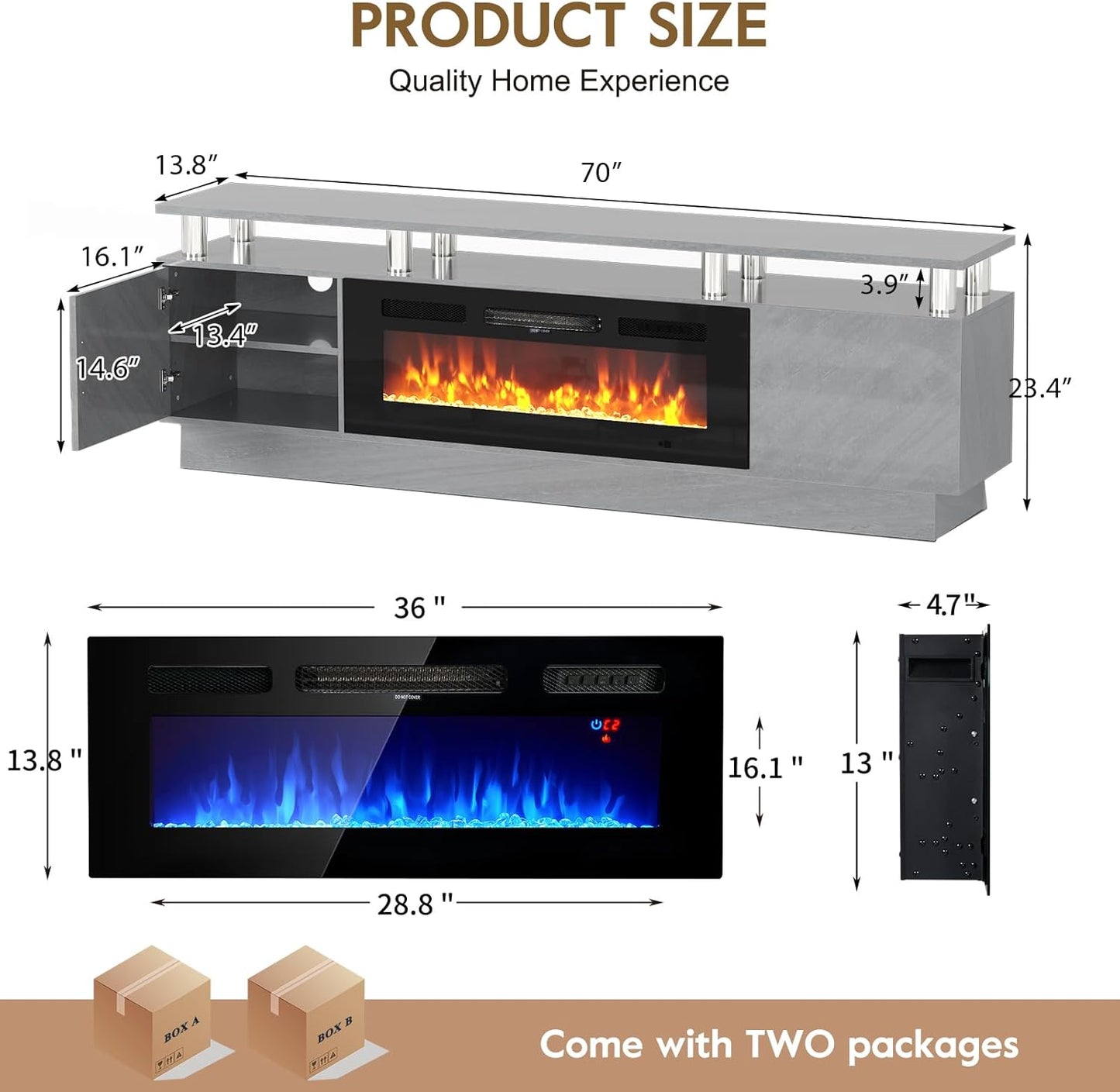 70" TV Stand for Living Room, Entertainment Center with Storage Cabinet, Fits TVs up to 80", Modern Media Console with Shelves, 36" Electric Fireplace (Grey+Black)