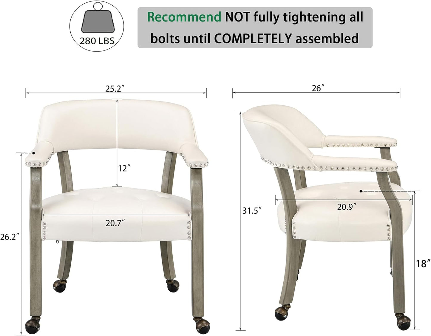 LEEMTORIG Large Dining Chairs with Casters and Arms, Rolling Dining Chairs with Wheels, Accent Game Poker Table Chairs, Solid Wood Office Chairs, 26“Dx25.2 Wx31.5“H, Grey Legs & Ivory PU SY-1318-WT