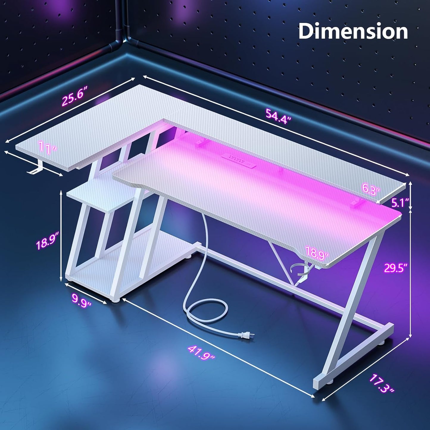 55 Inch White Gaming Desk with Power Outlet & LED Lights, L Shaped Computer Desk Gaming with 3 Tiers Storage Shelves, Reversible Corner Desk with Monitor Stand for Bedroom
