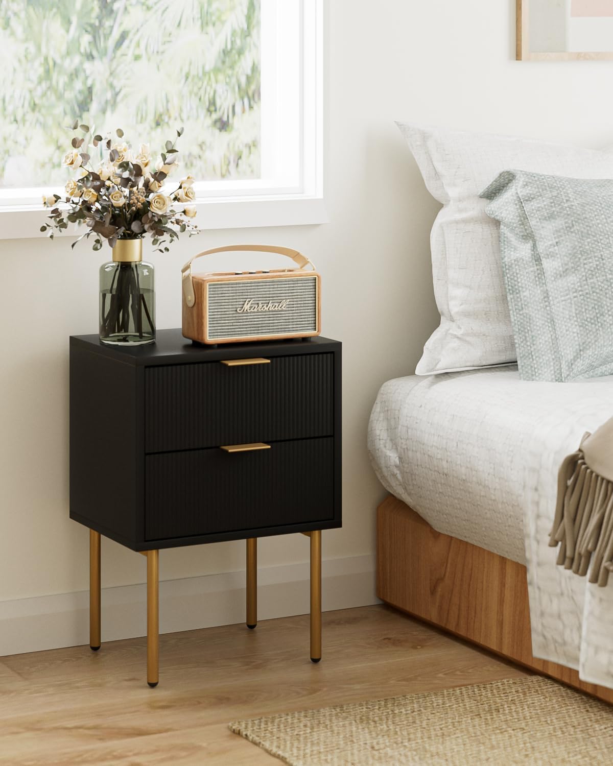 Nightstand,Morden Bedside Table with Gold Frame,Small White Night Stand,End Table,Bedside Furniture,Side Table with Drawer and Shelf for Bedroom,Living Room (2Drawers, Black)