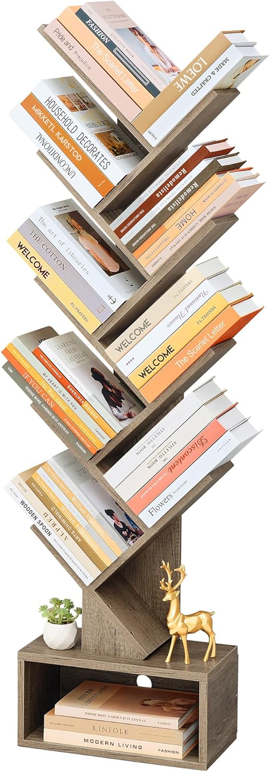 Hoctieon 9 Tier Tree Bookshelf, Tall Bookcase with Drawer, Wood Book Shelf, Modern Floor Standing Bookshelves, Book Organizer Shelves for Bedroom, Living Room, Home Office, Greige
