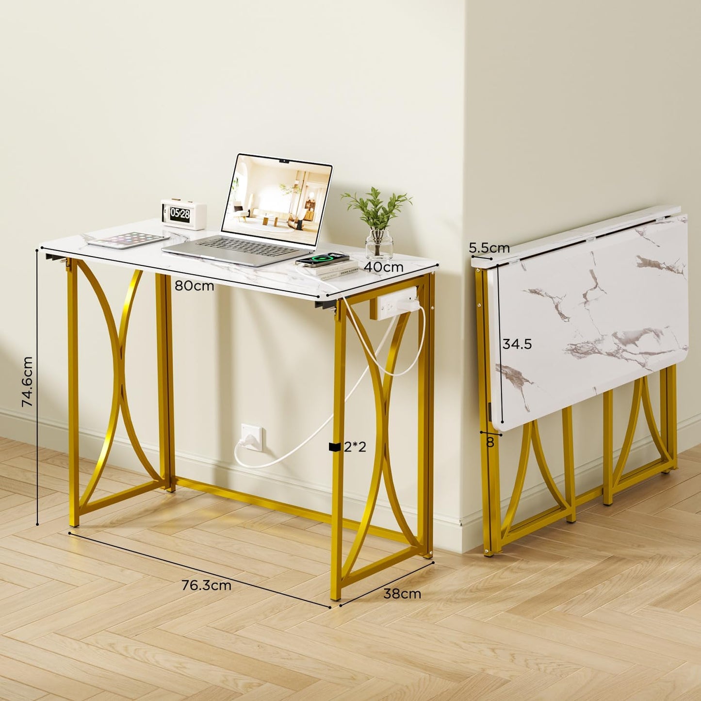Folding Desk, 31.5" Small Desk for Bedroom with Power Outlet, Space Saving Foldable Computer Desk for Home Office, Easy Assembly, White and Gold