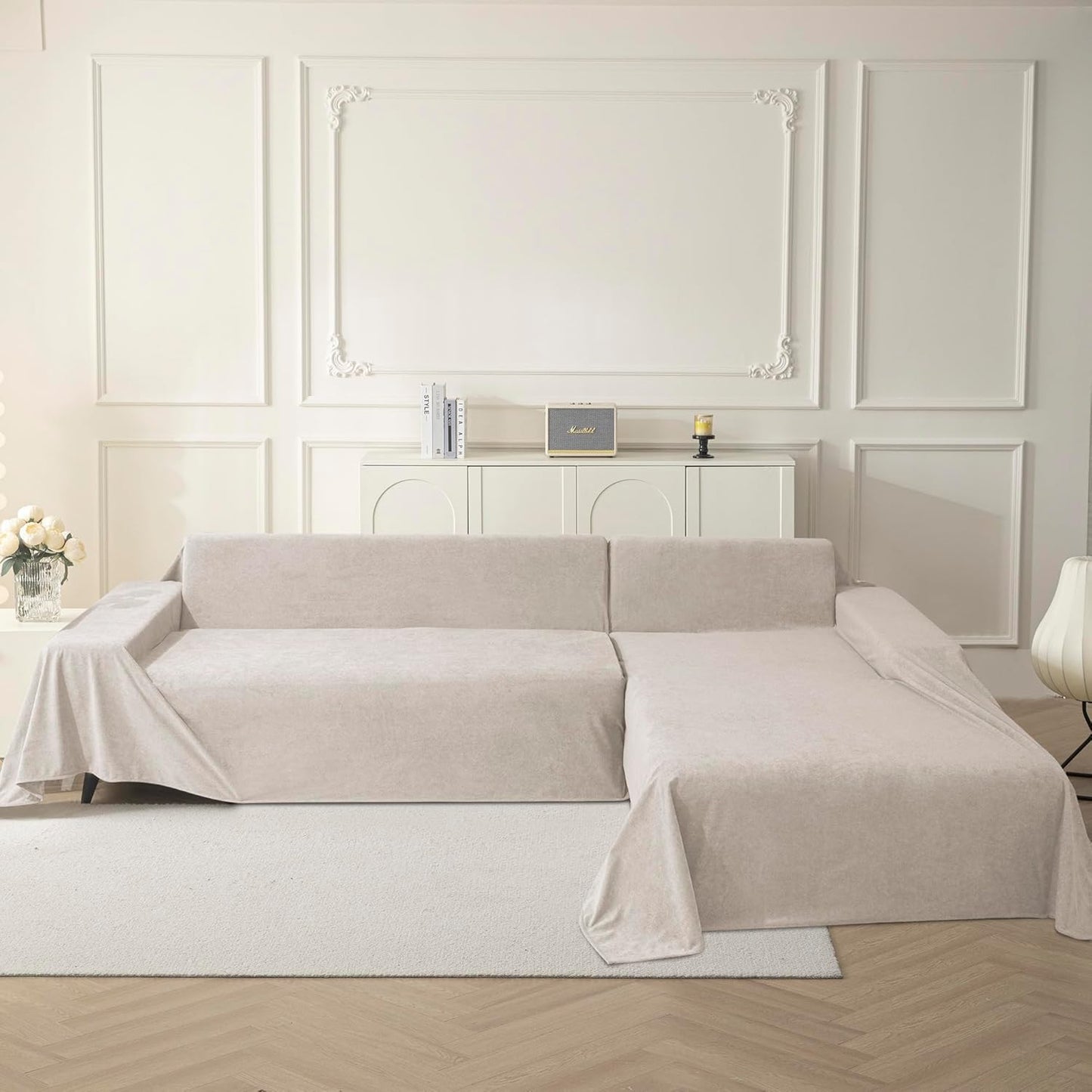 MYSKY HOME Couch Cover Sofa Covers for 3 Cushion Couch, Dog Couch Covers Protector for Sectional Sofa, Non Slip Soft Sofa Slipcover Modern Furniture Protector for Pet, 91" x 134", Oat