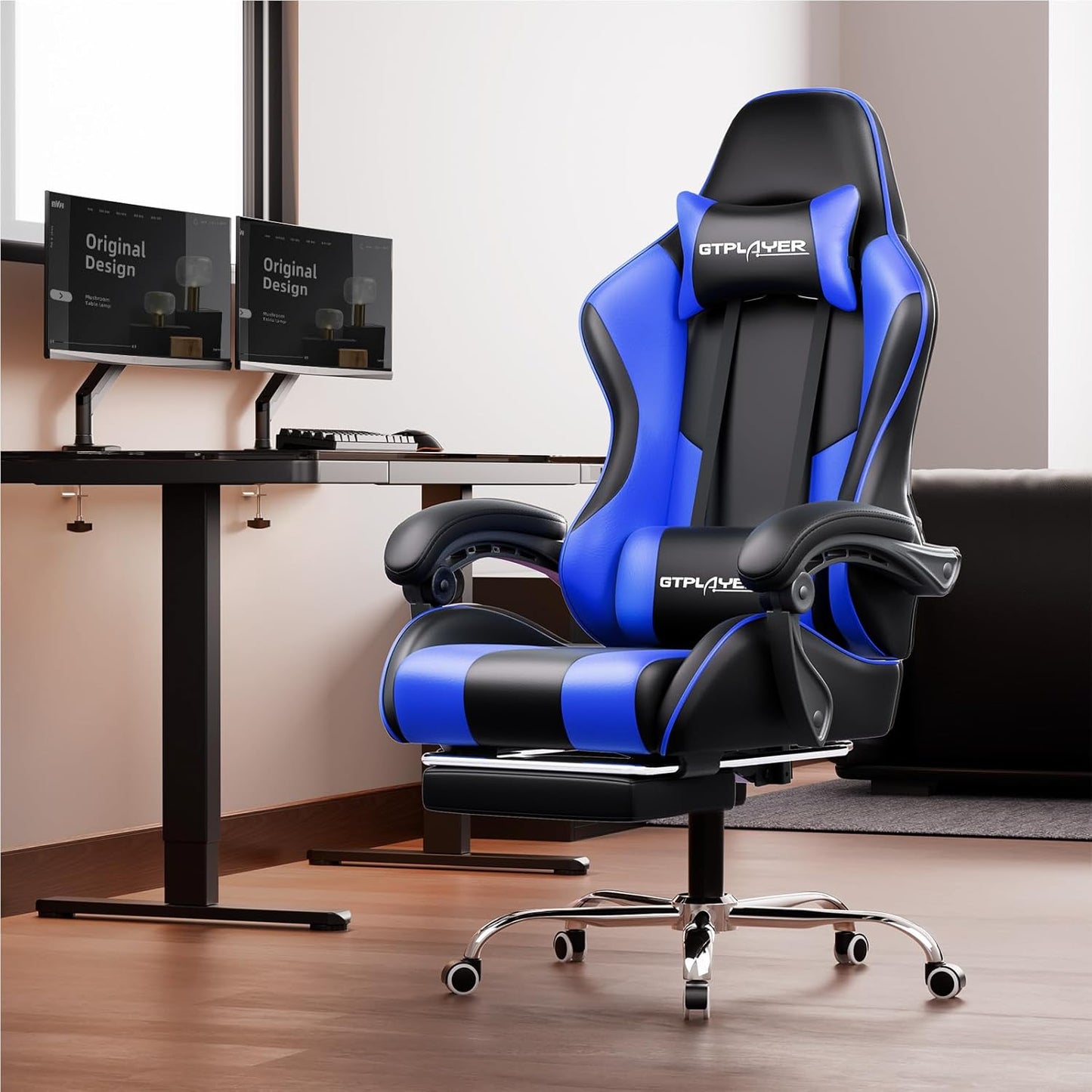 GTPLAYER Gaming Chair, Computer Chair with Footrest and Lumbar Support, Height Adjustable Game Chair with 360°-Swivel Seat and Headrest and for Office or Gaming (Faux Leather, Blue)