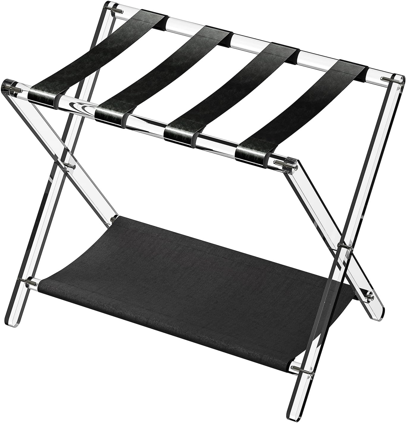 Sumerflos Acrylic Luggage Rack for Guest Room - Foldable Suitcase Stand with Leather Straps for Bedroom Living Room Hotel Heavy-Duty, Holds up to 50-100 lb lightweight Space Saving (Black & Shelf - 1 Pcs)
