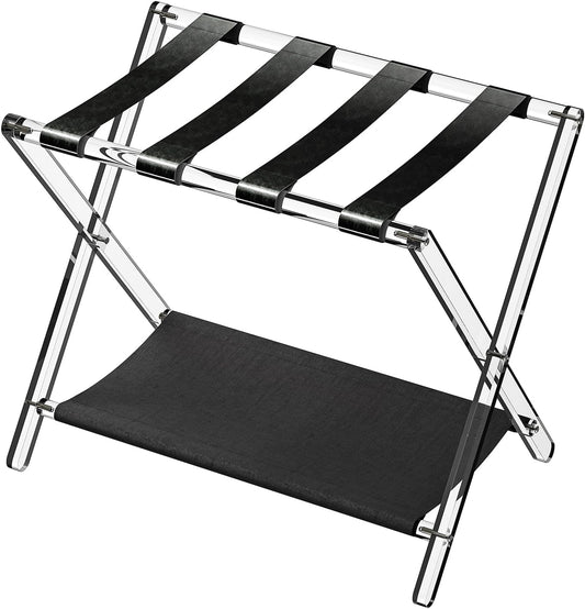 Sumerflos Acrylic Luggage Rack for Guest Room - Foldable Suitcase Stand with Leather Straps for Bedroom Living Room Hotel Heavy-Duty, Holds up to 50-100 lb lightweight Space Saving (Black & Shelf - 1 Pcs)