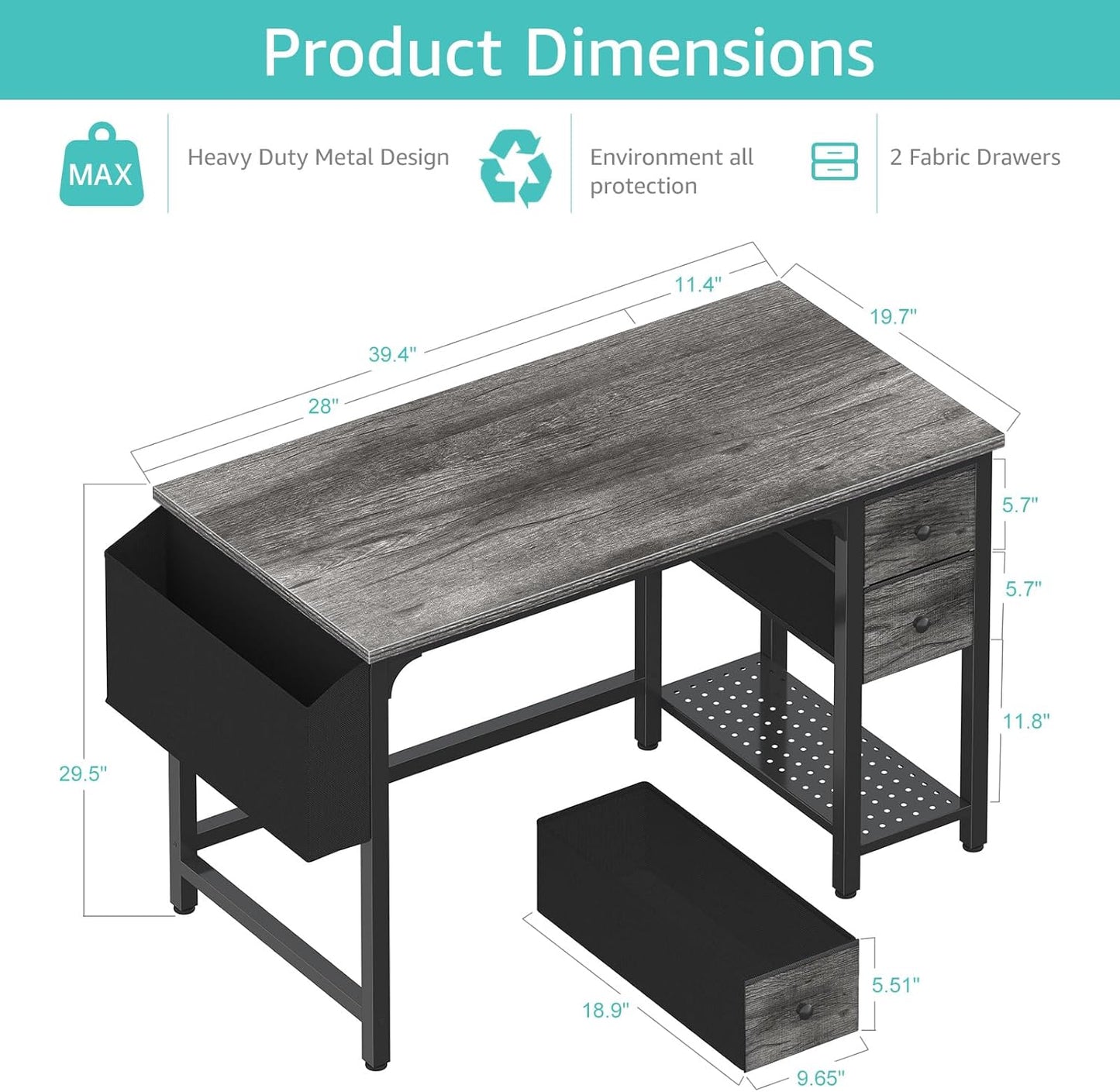 Lufeiya Computer Desk with Fabric Drawers, 40 Inch Gaming Desk for Small Space Home Office, Modern Simple Study Writing Table PC Desks for Bedroom, Gray