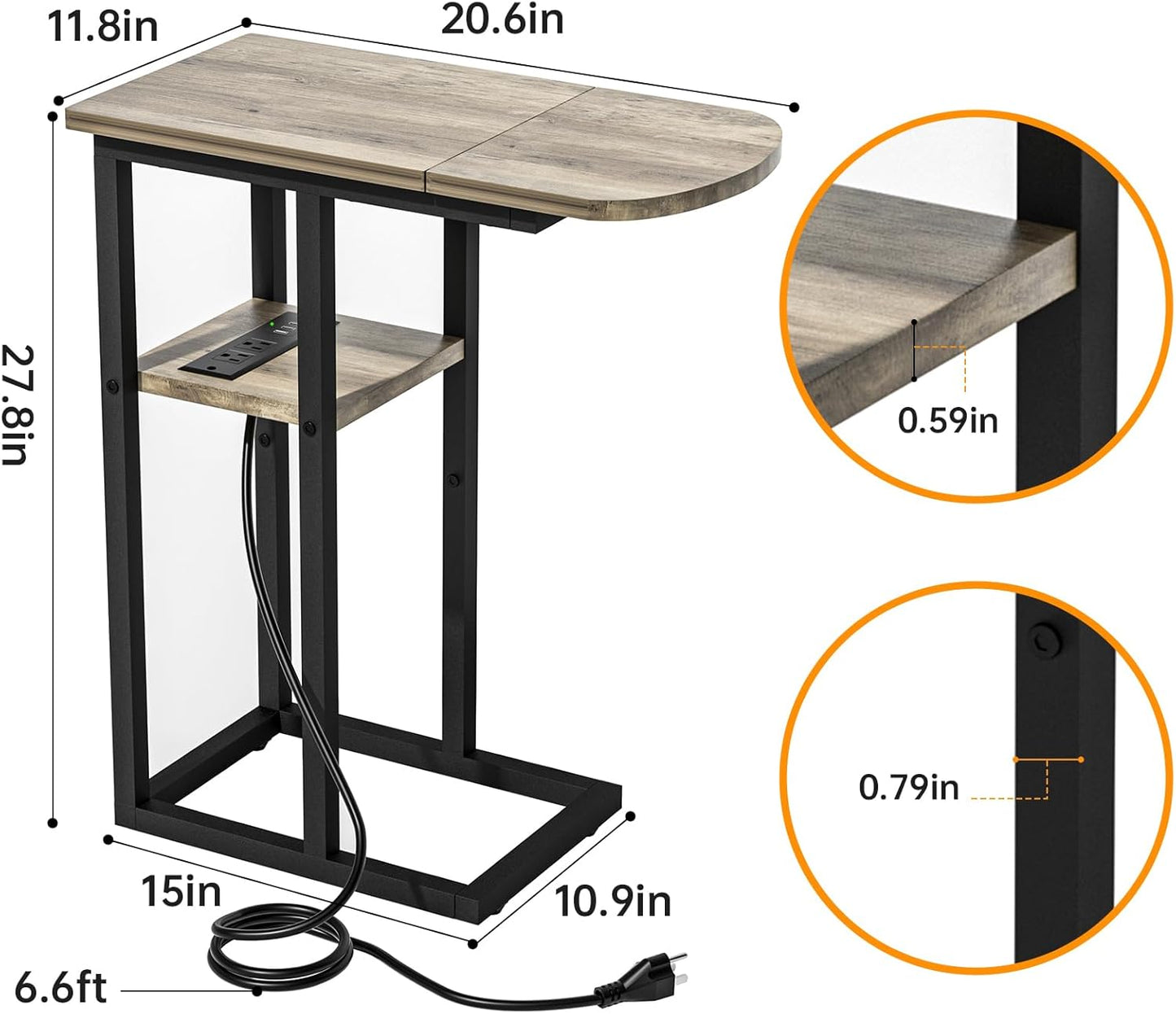 C Table End Table with Charging Station, Couch C Shaped Side Table for Living Room, Bedroom, Laptop Table with USB Ports and Type-C Port, Snack Tray Table for Couch