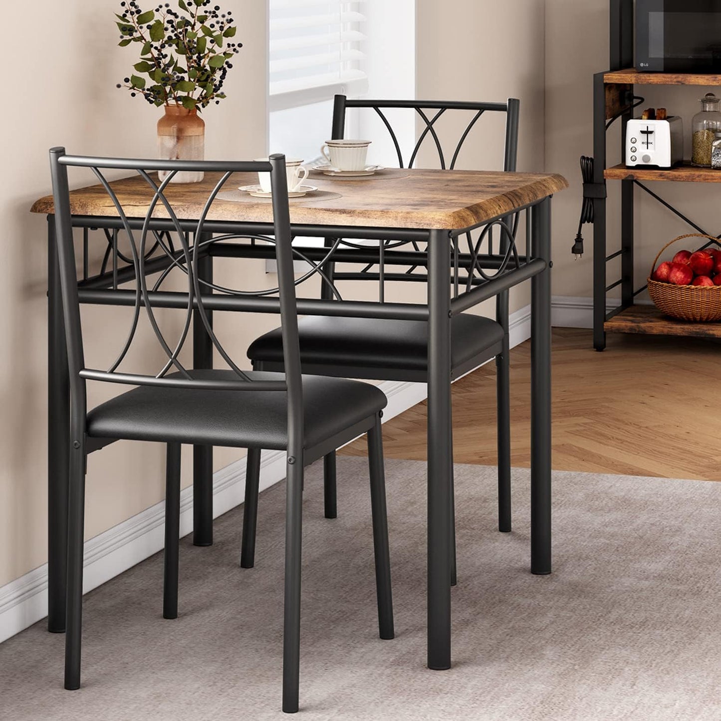 CABIHOME Dining Table Set for 2, 3 Piece Kitchen Table Set with 2 Upholstered Chairs, Square Kitchen Table Set for Small Space, Apartment, Dining Room, Retro Brown