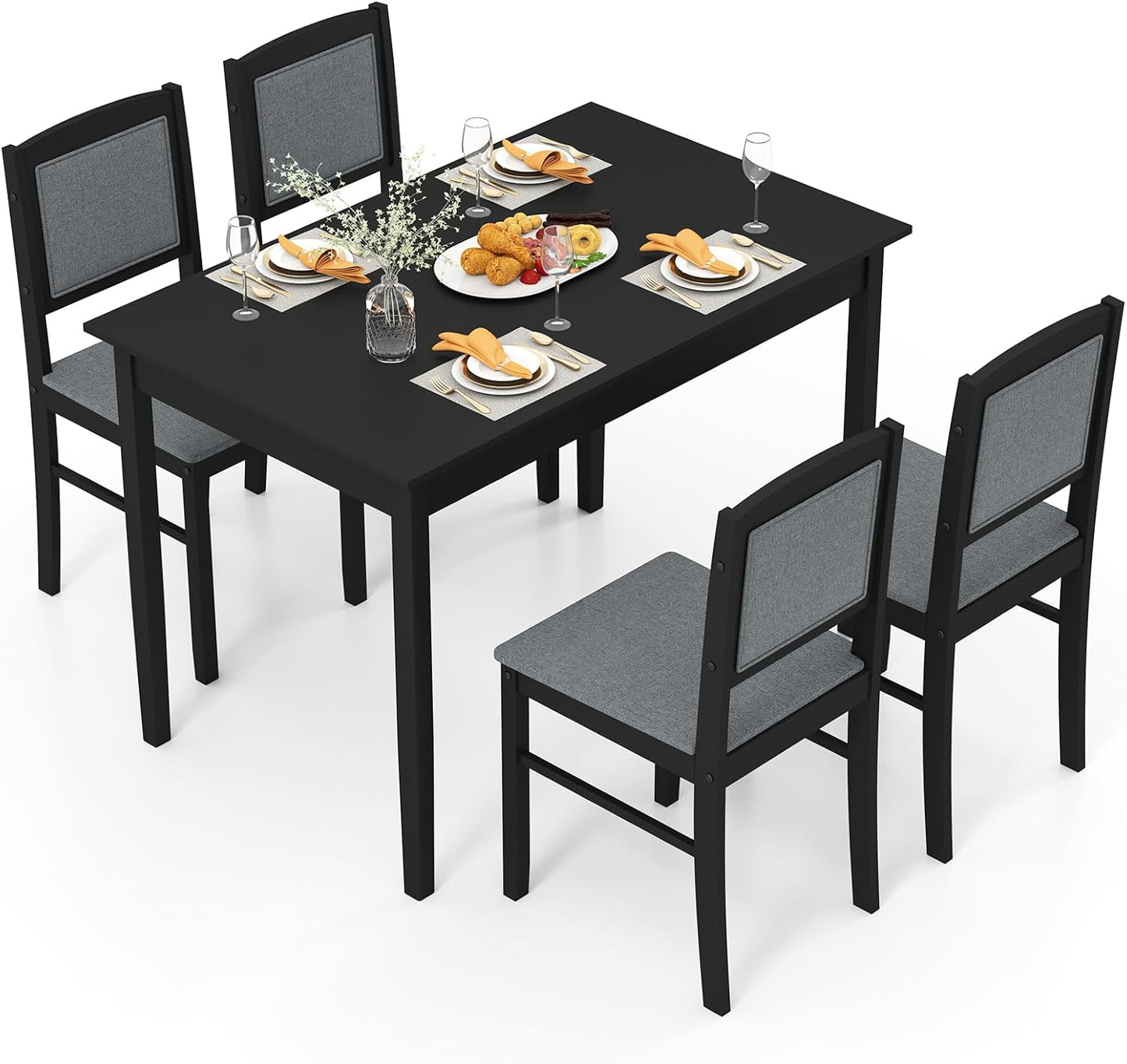 Giantex 5-Piece Dining Table Set for 4 - Breakfast Nook Table Set with Kitchen Table, 4 Upholstered Chairs, Wood Legs, Space-Saving Dinette Set, Kitchen Table Chairs Set of 4 (Black+Grey)