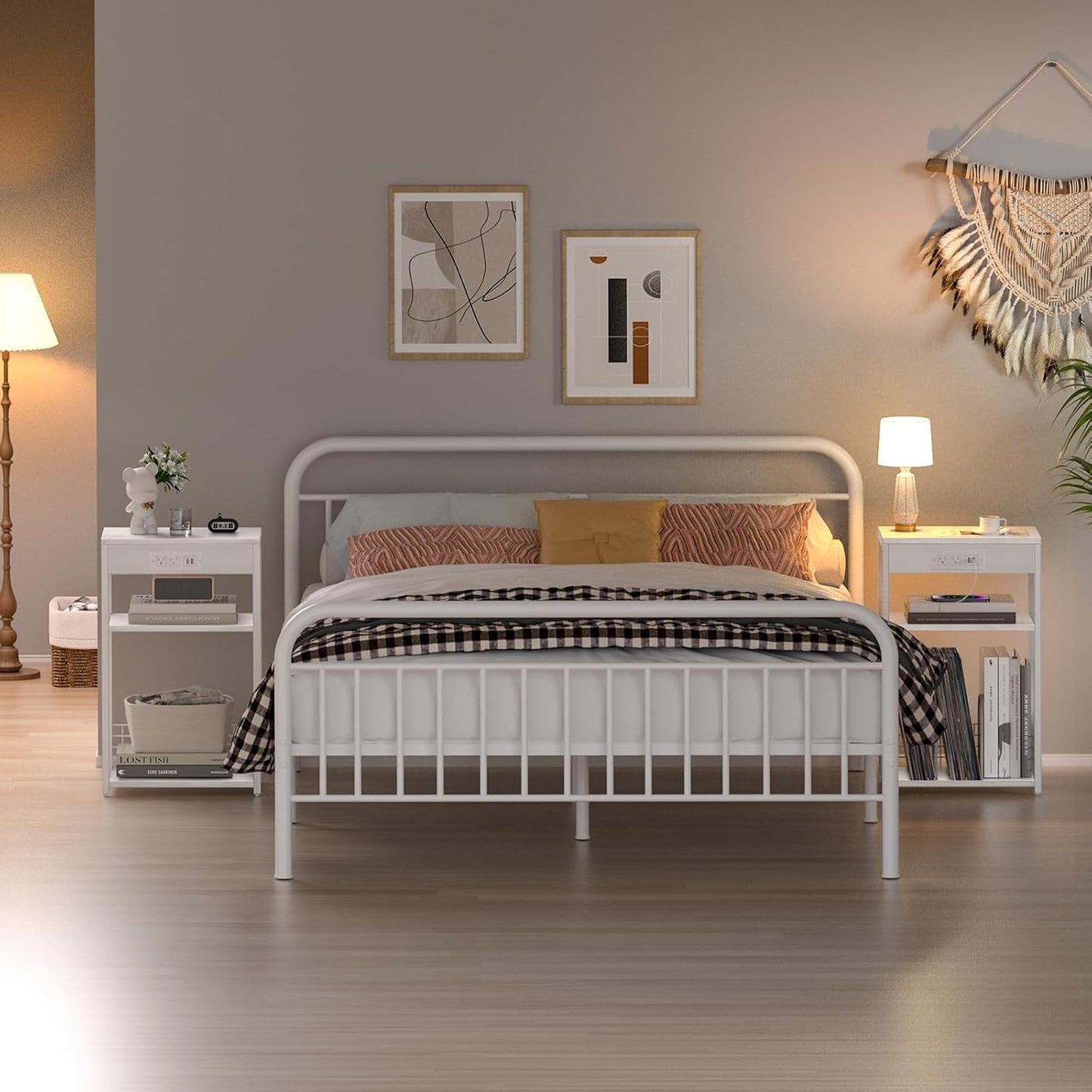 LELELINKY 3 Tier End Table with Charging Station, White Record Player Stand with Storage Up to 100 Albums Brown, Night Stand with USB Port, Nightstand for Small Spaces