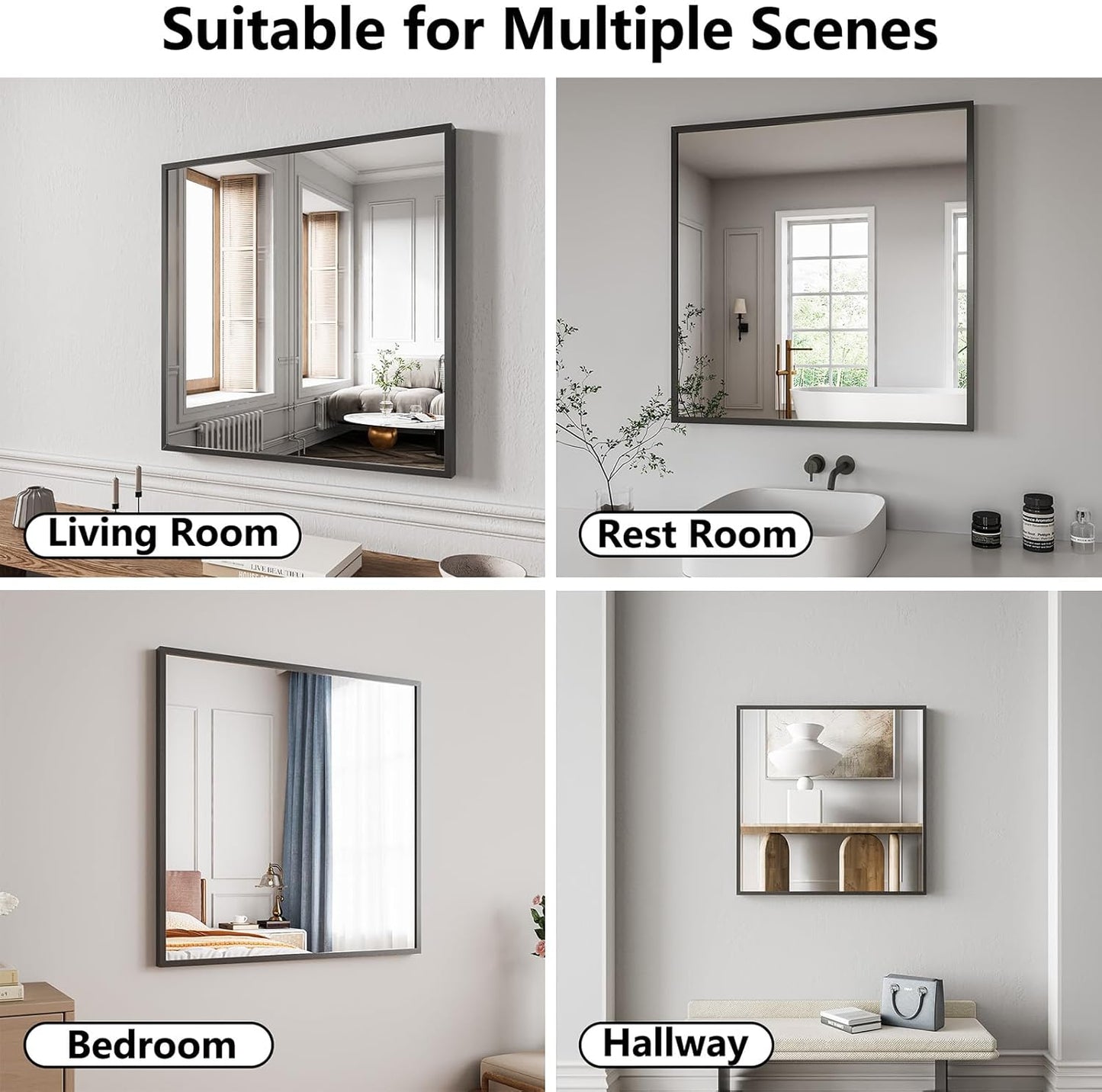 Koonmi Bathroom Mirror 30x30 Black Bathroom Wall-Mounted Mirrors, Modern Vanity Mirror for Bedroom, Living Room, Aluminum Alloy Frame Allow to Hang Horizontally or Vertically