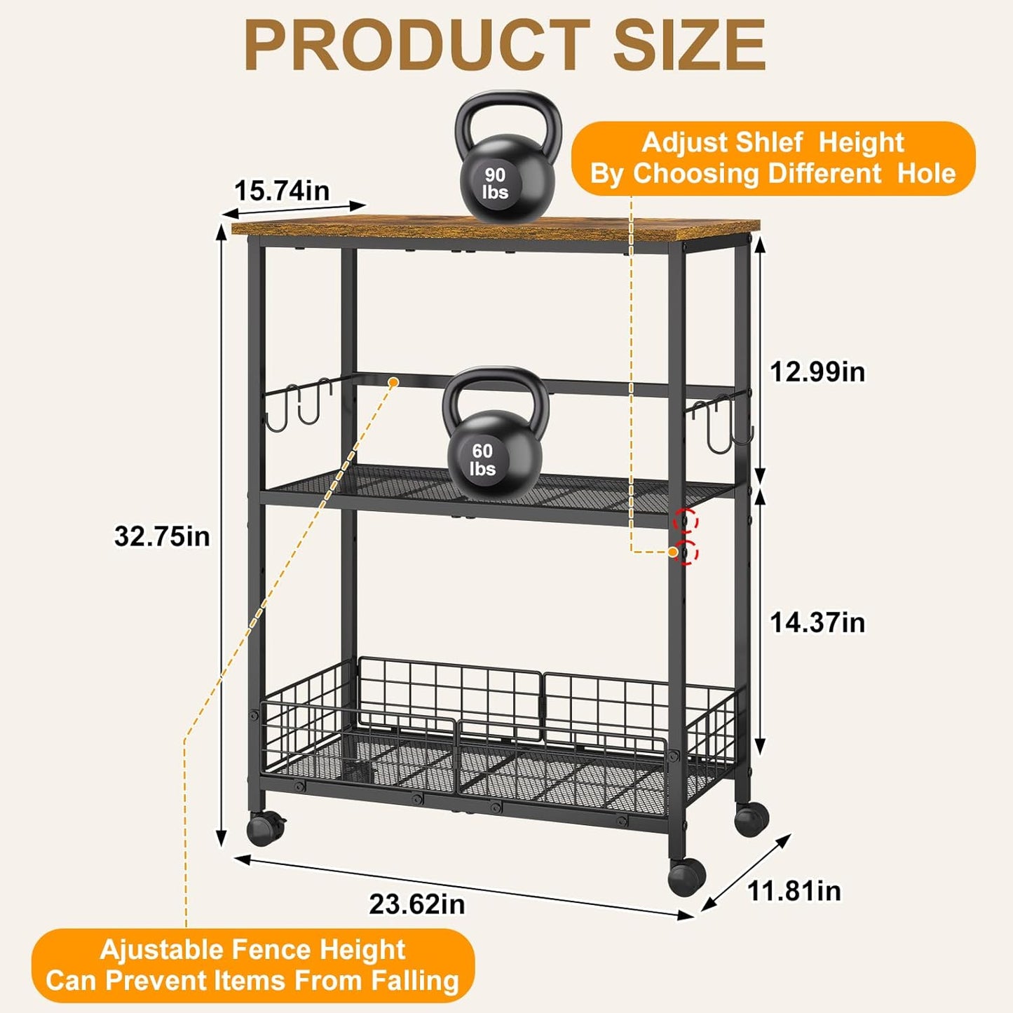 Rolling Kitchen Microwave Stand, 3-Tier Microwave Cart Table with Wood Top and Wire Basket, Coffee Bar Table on Lockable Wheels, Small Baker’s Rack Shelf Organizer for Kitchen, Dining Room, Office