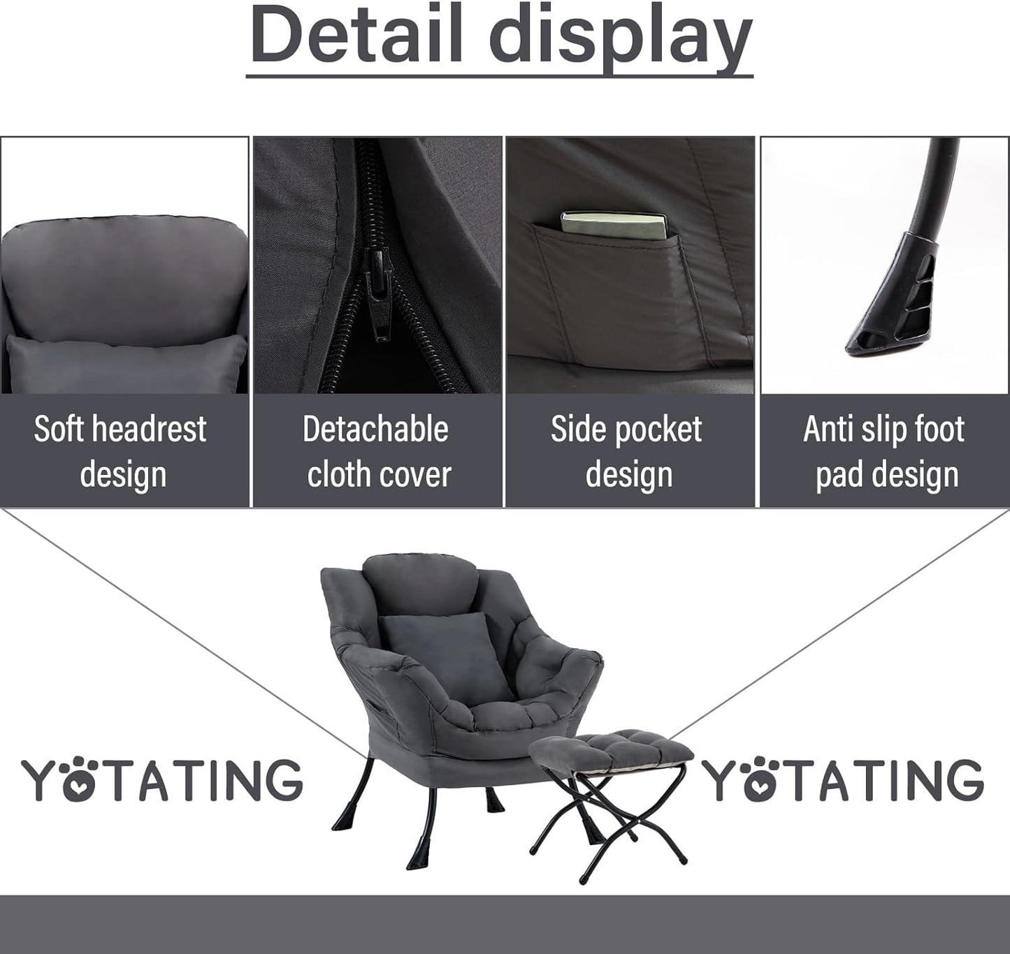 Lazy Chair with Ottoman, Comfy Reading Lounge Chair with Footstool & Throw Pillow Modern with Armrests & Side Pocket for Living Room, Bedroom, Dorm Room, Dark Grey