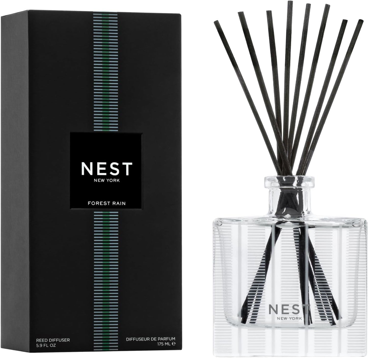 Nest New York Reed Diffuser, Forest Rain - 5.9 fl oz - Fragrance for Up to 90 Days - Reusable, Refillable Glass Holder - Includes 8 All-Natural Reed Sticks - Flame Free