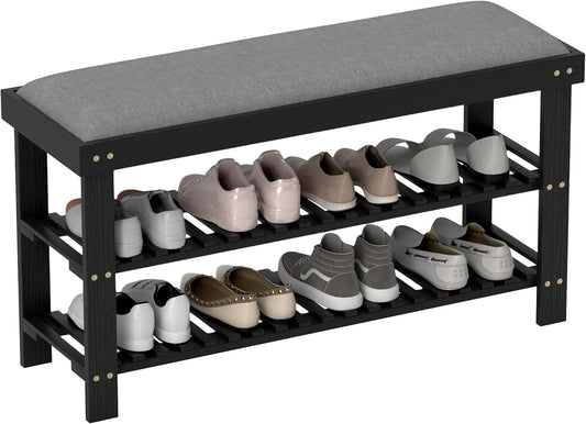 HOMCOM Bamboo Shoe Bench, 3-Tier Entryway Bench with Storage and Cushion, Shoe Organizer for Entryway, Hallway, Holds Up to 331 lbs, 35.4 x 11.4 x 19.3 Inches, Black