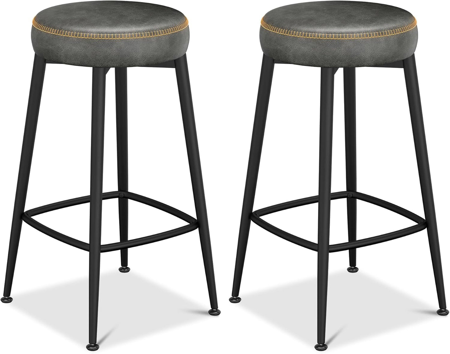 Counter Height Bar Stools, 26" H Backless Bar Stools Set of 2, Upholstered Faux Leather Kitchen Counter Stools, Mid Century Modern, Kitchen Island Home Bar, Pub, Black Grey