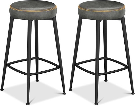 Counter Height Bar Stools, 26" H Backless Bar Stools Set of 2, Upholstered Faux Leather Kitchen Counter Stools, Mid Century Modern, Kitchen Island Home Bar, Pub, Black Grey