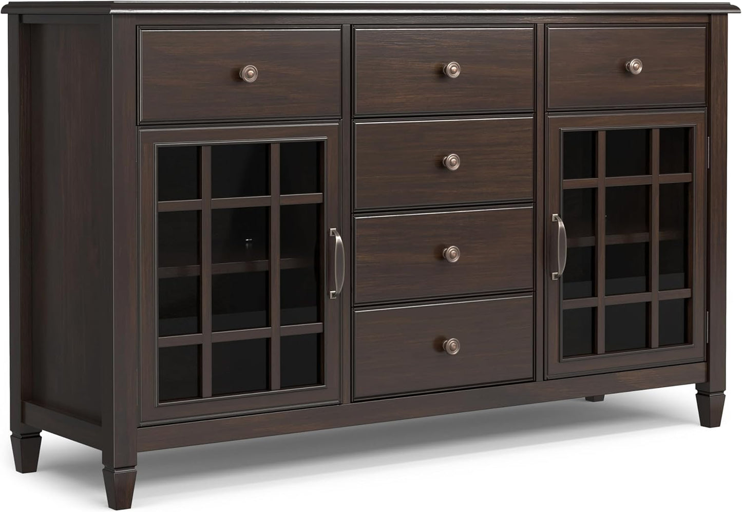 SIMPLIHOME Connaught Buffet - 60 inch Wide Solid Wood 3-Door Sideboard Buffet in Chestnut Brown, Traditional Storage Cabinet for Dining Room or Kitchen with Adjustable Shelves and Classic Molding