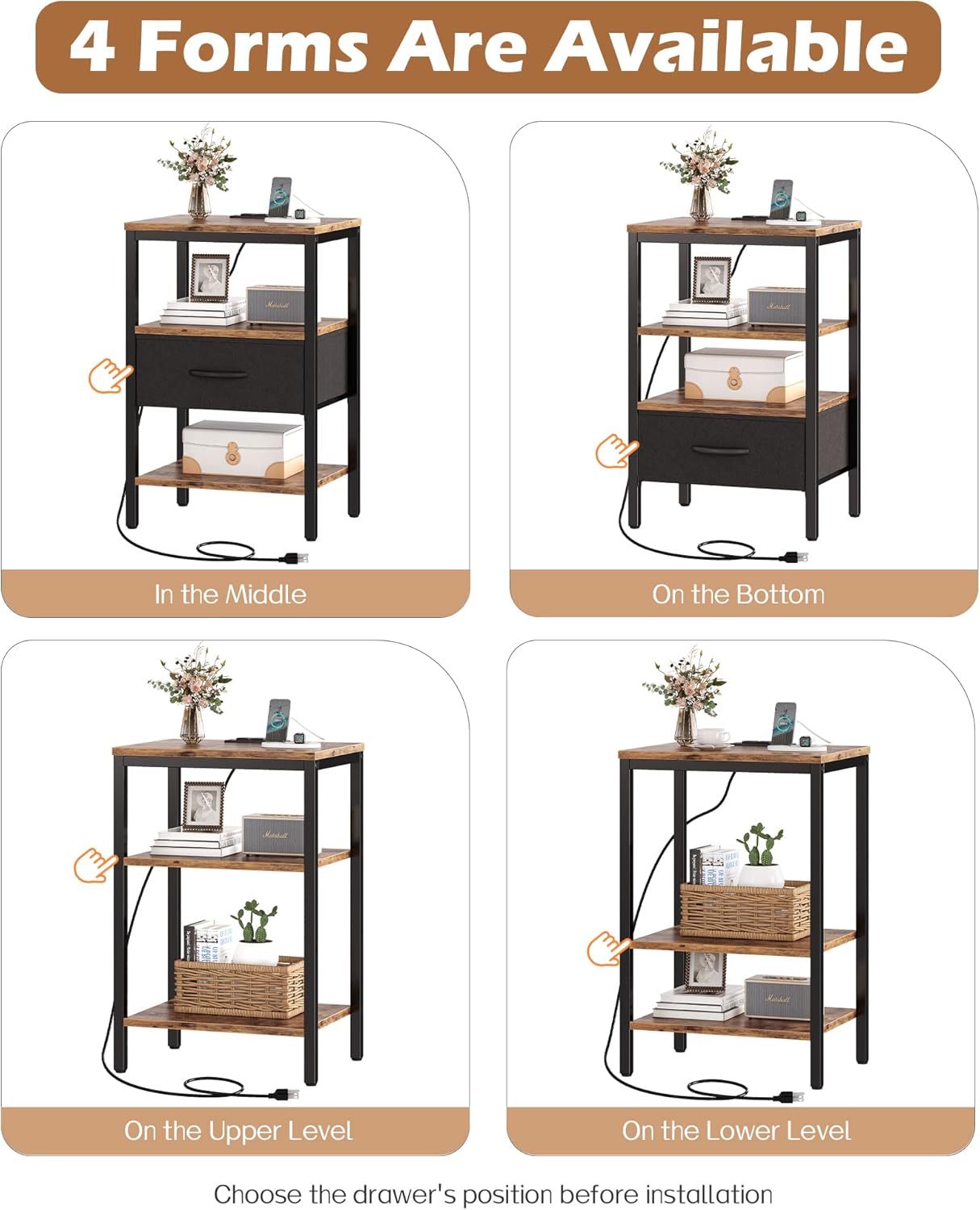 SUPERJARE Nightstand Set of 2, Bed Side Tables with Charging Station, Adjustable Fabric Drawer, Night Stand for Bedroom, 3-Tier Storage End Tables, for Living Room, Rustic Brown and Black