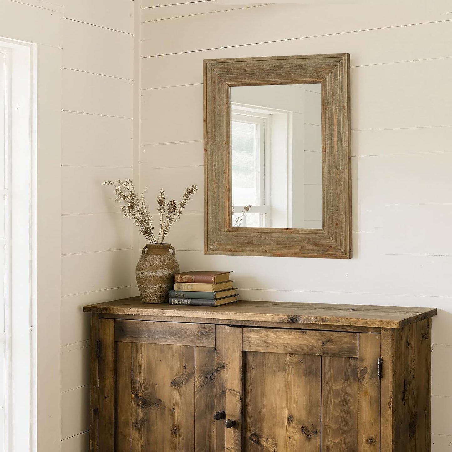 WallBeyond Rustic Wood Framed Mirror, 22" x 28" Farmhouse Decorative Wall Mirror, Vintage Solid Wood Rectangular for Bathroom, Entryway & Living Room, Natural