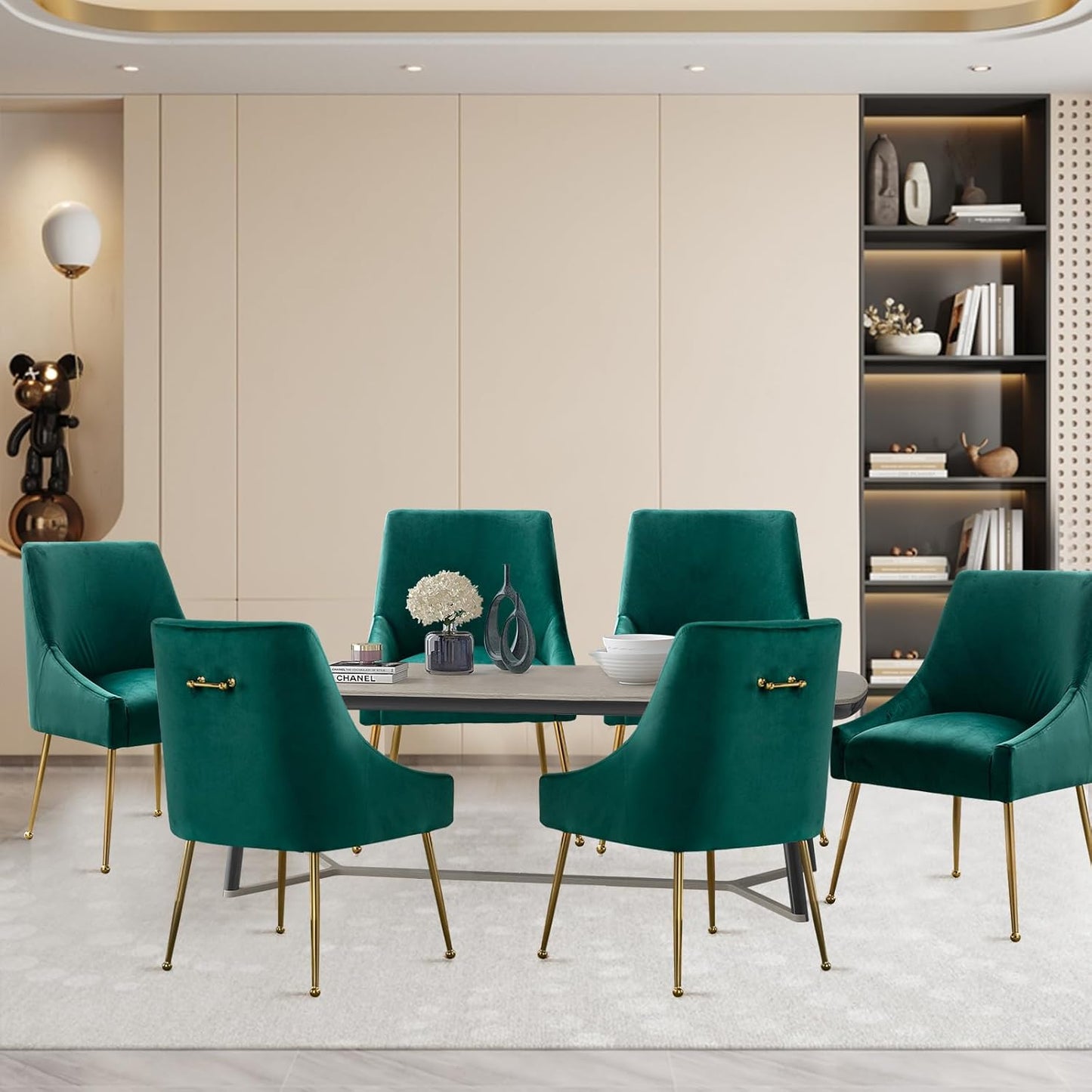 Velvet Dining Chairs, Furniture Collection Modern Contemporary Upholstered with Polished Gold Metal Legs, Set of 6(Green)