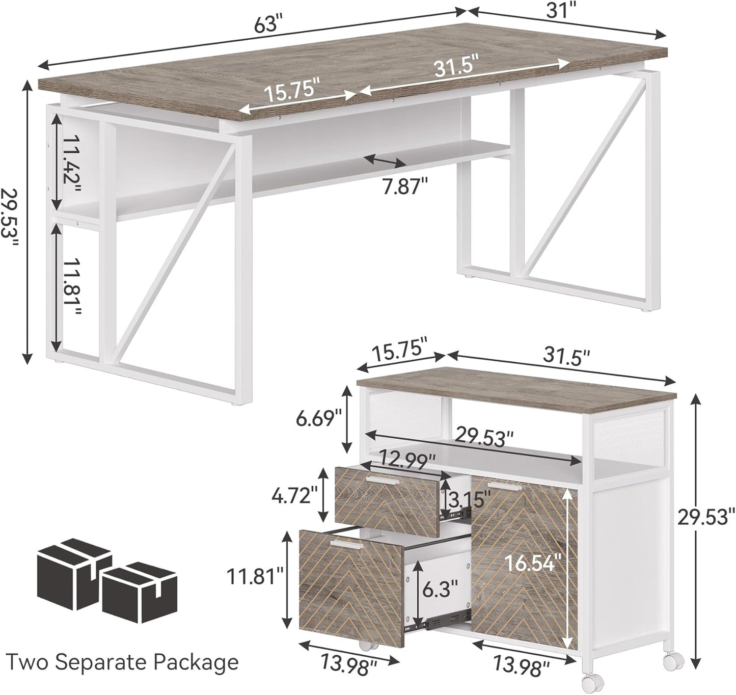 LITTLE TREE 63-Inch Office Desk with 31.5-Inch Lateral File Cabinet, Study Writing Desk Computer Desk for Home Office