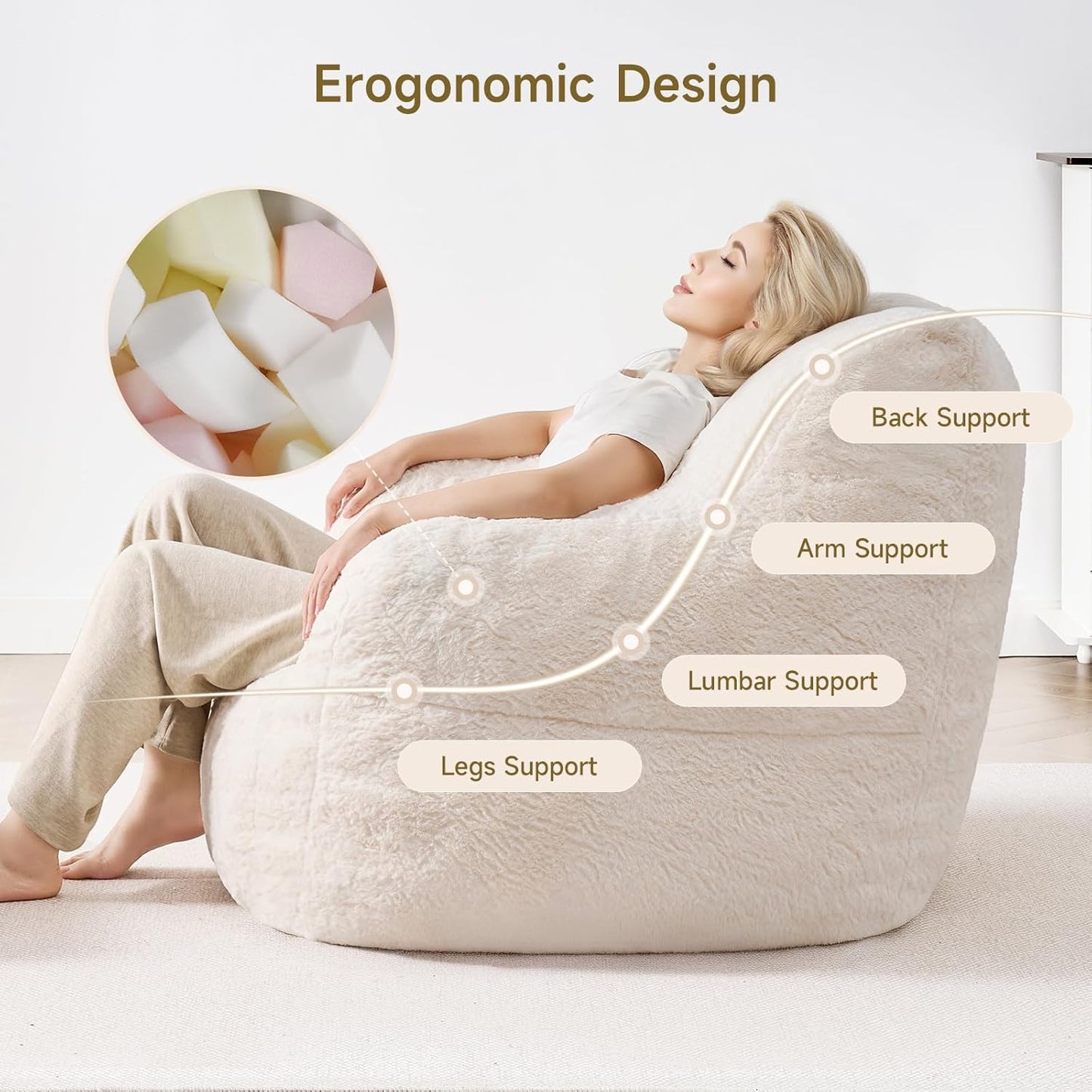 Giant Bean Bag Chairs for Adults with Ottoman, Faux Fur Boneless Chaise Couch Filler with Memory Foam,Large BeanBag Lounge Lazy Floor Sofa Accent Chair for Living Room,Bedroom & Game Rooms