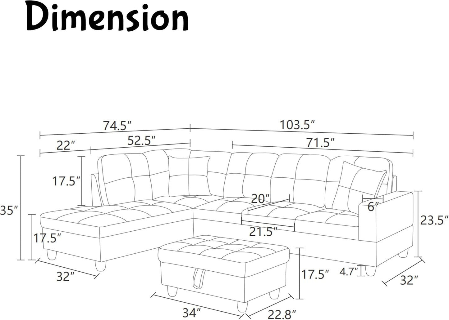 Modern Living Room Furniture Sets with Pillows, Modular Sectional Couches with Chaise Lounge, 4-Seaters L Shape Sofa with Storage Ottoman, for Living Room, Light Grey
