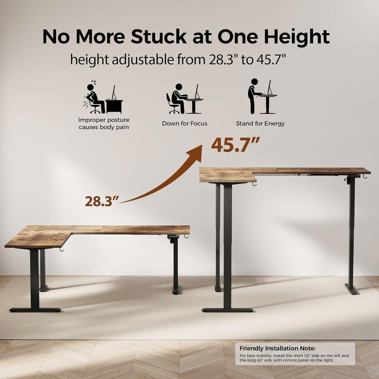 Agilestic 75 Inch L Shaped Standing Desk Adjustable Height, Corner Standing Desk, Sit Stand Up Computer Table, Splice Board, Rustic Brown