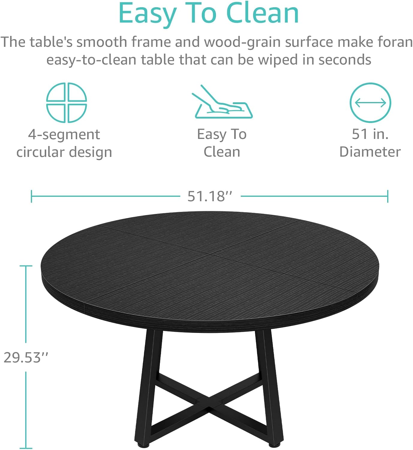 Black Round Dining Table for 6 - Modern Circle 51 Inch Large Room Kitchen Dinning Tables for 4 to 6 Person Seats Small Spaces Wood Dinner Mesa De Comedor Redonda