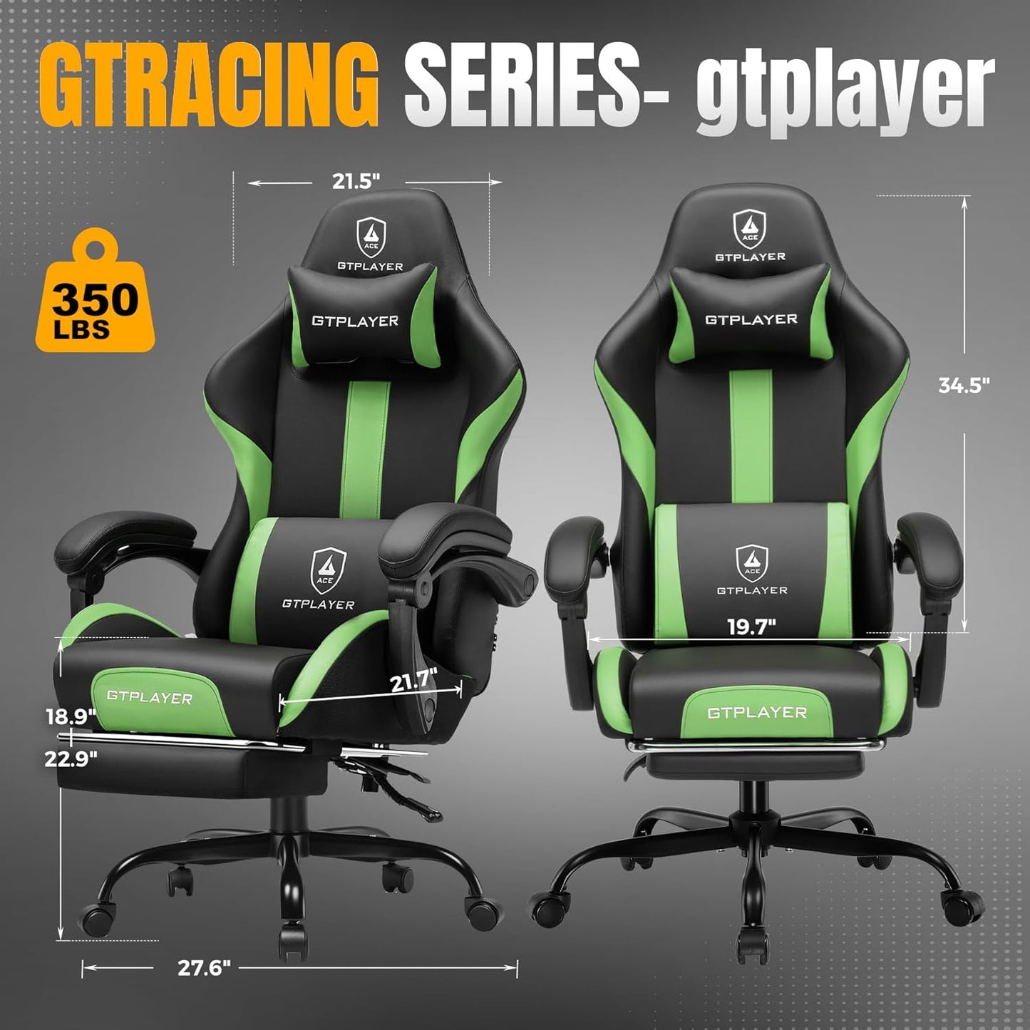 GTRACING Gaming Chair with Foot Rest & Pocket Spring Cushion, Ergonomic High Back Computer Chair with Headrest & 360°-Swivel Seat for Home Office Desk, PU Leather, Vivid Green