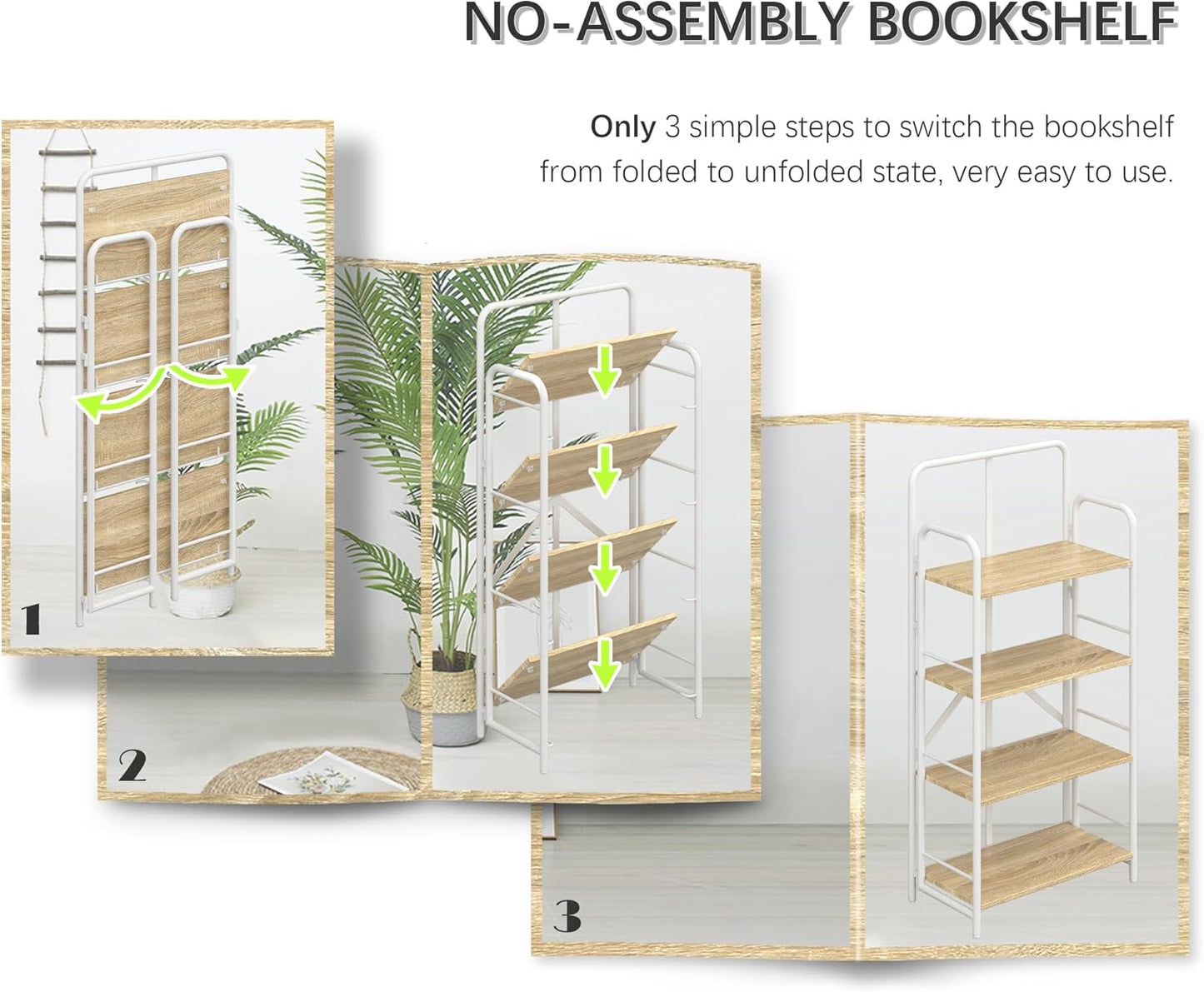 4NM No Assembly Folding Bookshelf 4 Tiers Vintage Industrial White Book Shelf Metal Foldable Storage Bookcase and Bookshelves for Living Room,Bedroom and Kitchen - Natural
