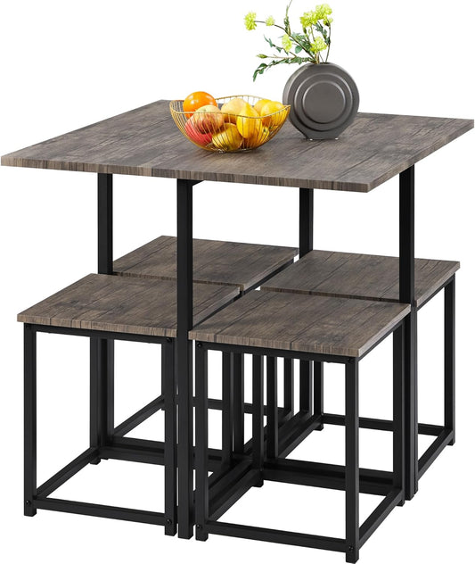 Yaheetech Industrial Dining Table Set for 4 Compact Kitchen Table and 4 Stools, Space-Saving Design for Apartment, Small Space, Breakfast Nook, Drift Brown