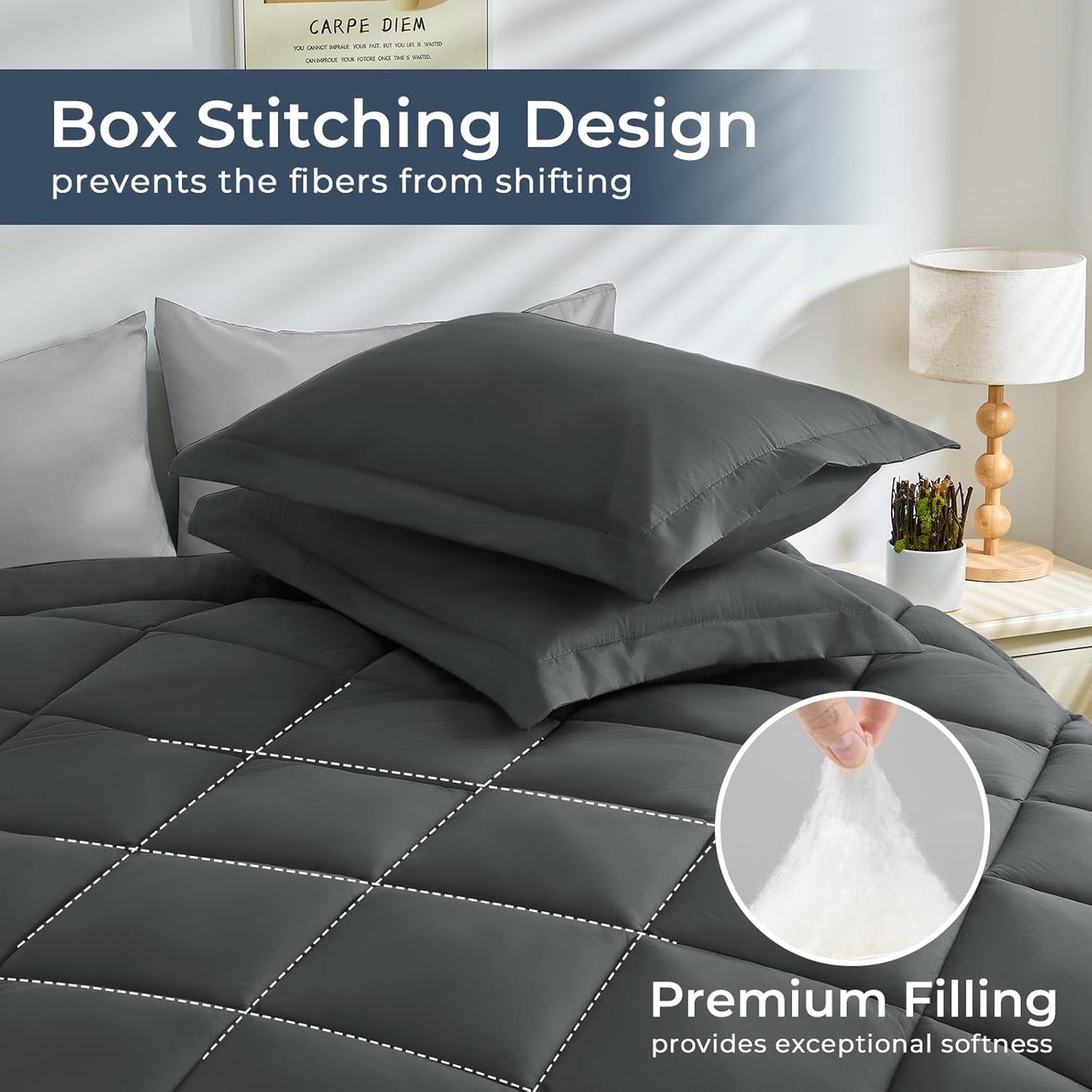 HEVUMYI King Comforter Set - 7-Piece All Season Bed in a Bag King, Ultra Soft Bedding Set with Comforter, Flat Sheet, Fitted Sheet, Pillowcases, Pillow Shams, Dark Grey & Light Grey