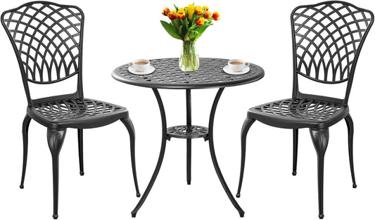 3 Piece Bistro Table Set Anti-Rust Outdoor Bistro Set Cast Alumiunm Patio Table and Chairs Set for 2, Patio Bistro Set Furniture Black