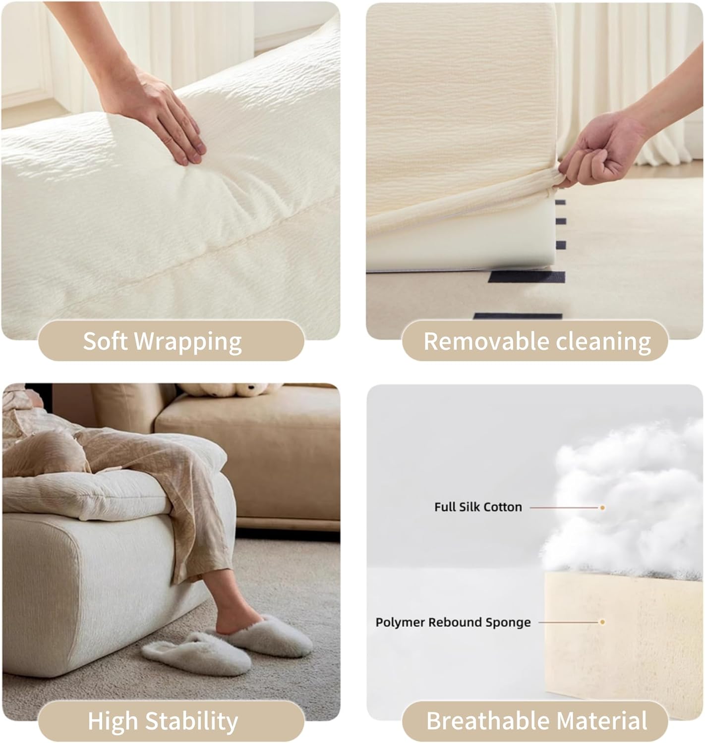 Bean Bag Chair - Memory Foam Bean Bag Chair for Adults, Comfy High-Resilience Single Sofa, Small Space Floor Chair, Chaise Lounge for Living Room, Bedroom (Beige, Cushions)