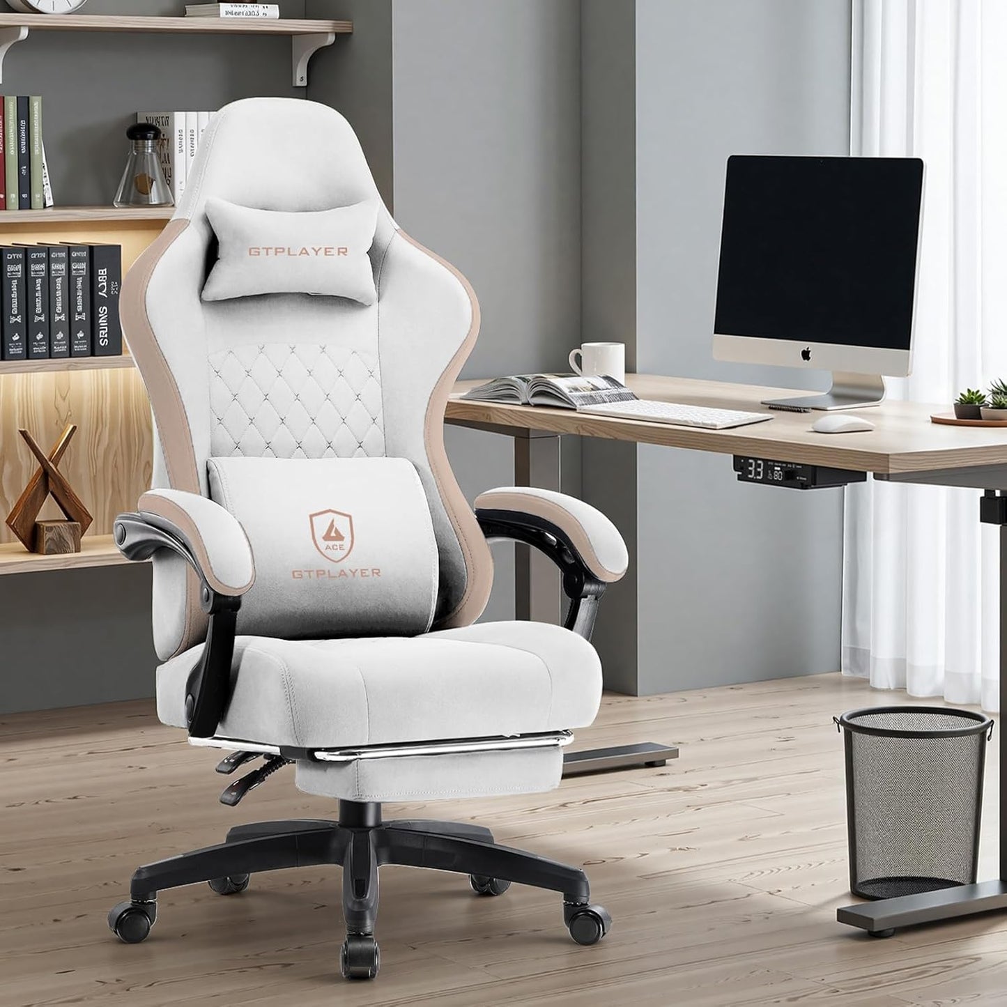 GTPLAYER Office Chair, Gaming Computer Desk Fabric Chair with Footrest, High Back Ergonomic Office Chair with Pocket Spring Lumbar Support and Linkage Armrests Adjustable Height Swivel for Home Task