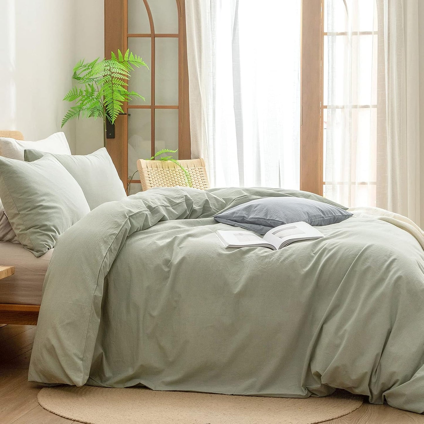 BESTOUCH Duvet Cover Set 100% Washed Cotton Linen Feel Super Soft Comfortable Chic Lightweight 3 PCs Home Bedding Set Sage Green King