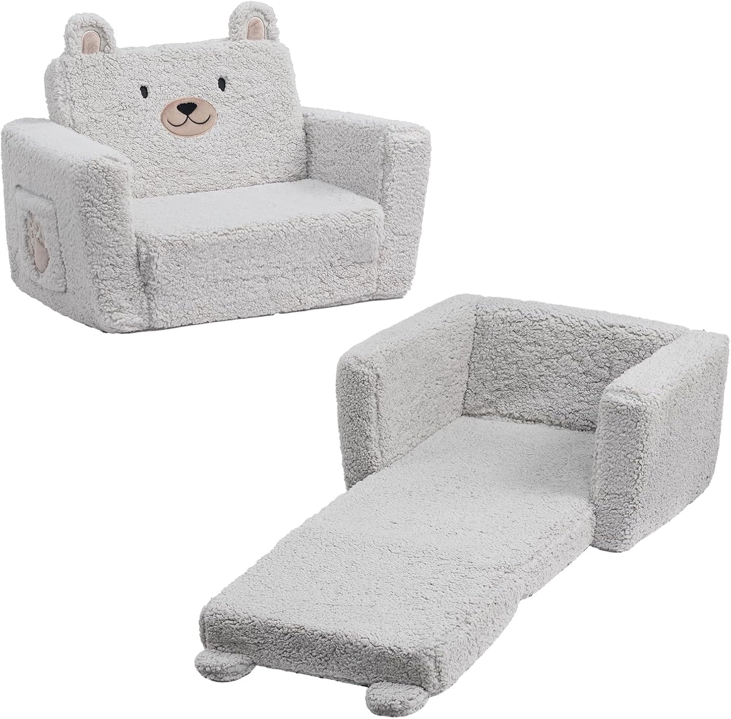 ALIMORDEN Fold Out Toddler Couch, Comfy 2-in-1 Cuddly Sherpa Bear Chair for Kids, Convertible Sofa to Lounger, Kids Cozy Corner Play Couch for Boys and Girls, Gary