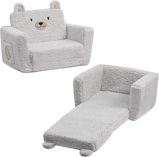 ALIMORDEN Fold Out Toddler Couch, Comfy 2-in-1 Cuddly Sherpa Bear Chair for Kids, Convertible Sofa to Lounger, Kids Cozy Corner Play Couch for Boys and Girls, Gary